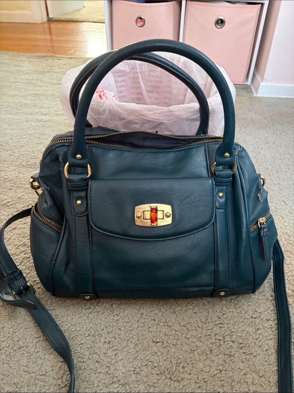 Classic Structured Satchel in Deep Teal with Gold-Tone Accent